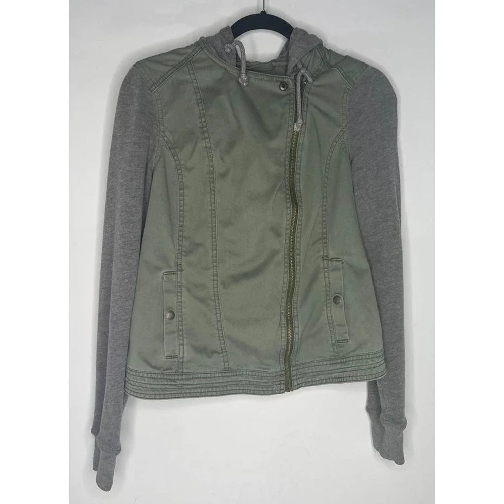 Hollister Full Zip Hooded Jacket Khaki Green Youth Large - Picture 2 of 4